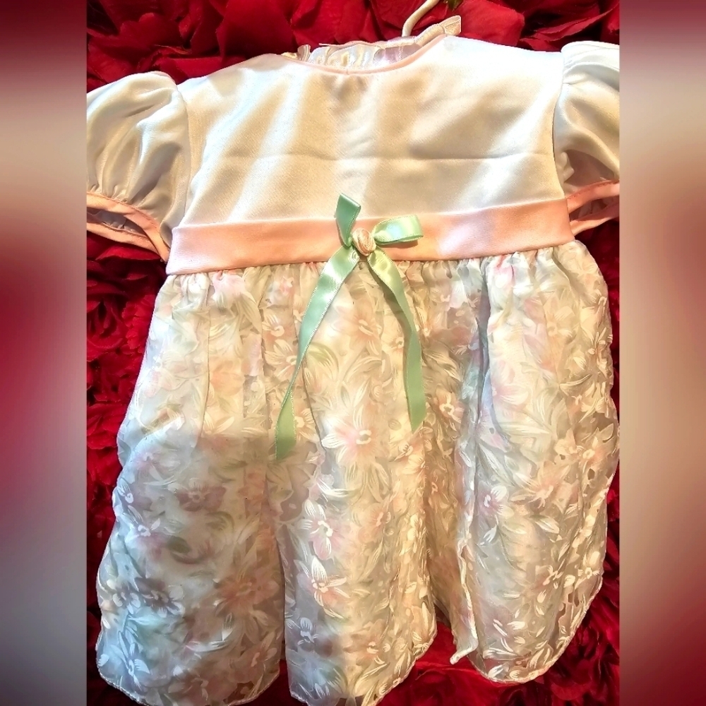 B T. Kids 3-6 Mth White Dress w/ pink & mint green trim- flowers - Like New